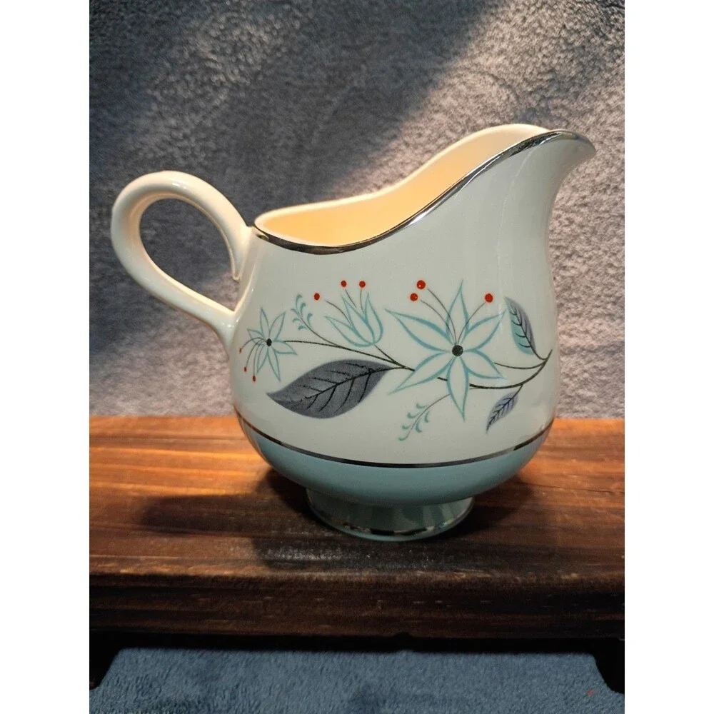 Vintage Homer Laughlin Eggshell Cavalier Dianne Creamer Aqua Gray Floral Silver